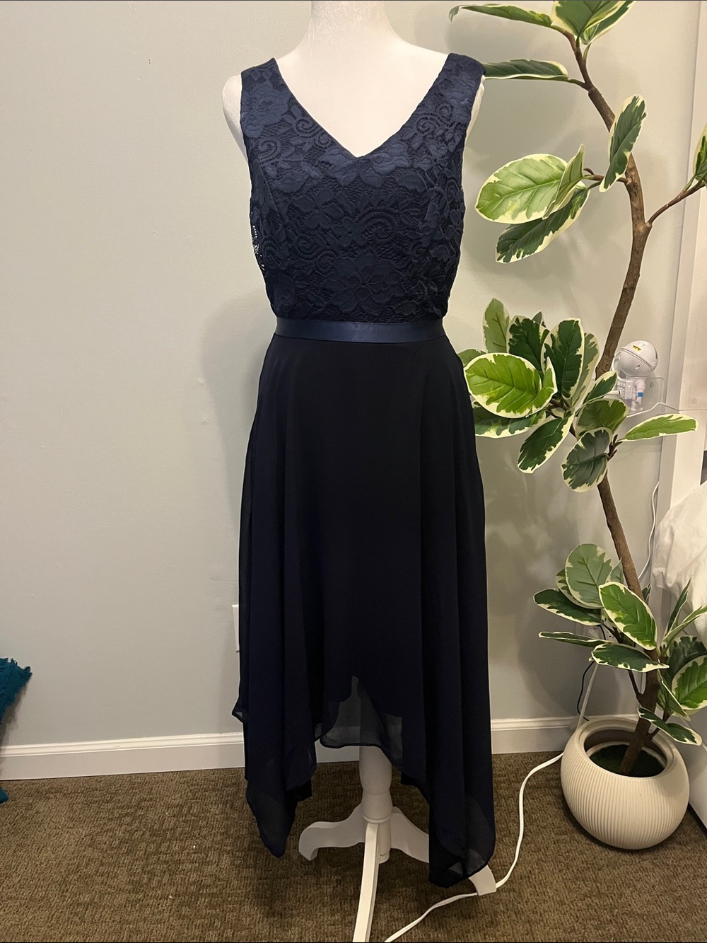 Navy Lace and Chiffon Asymmetrical Formal Dress